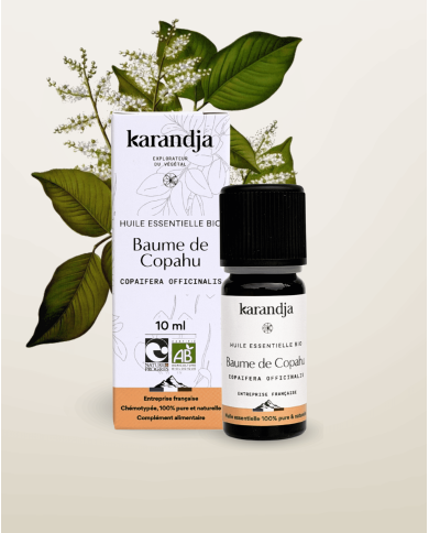 Huile essentielle BAUME DE COPAHU Bio chémotypée, 100% pure et naturelle, Karandja laboratoire.
