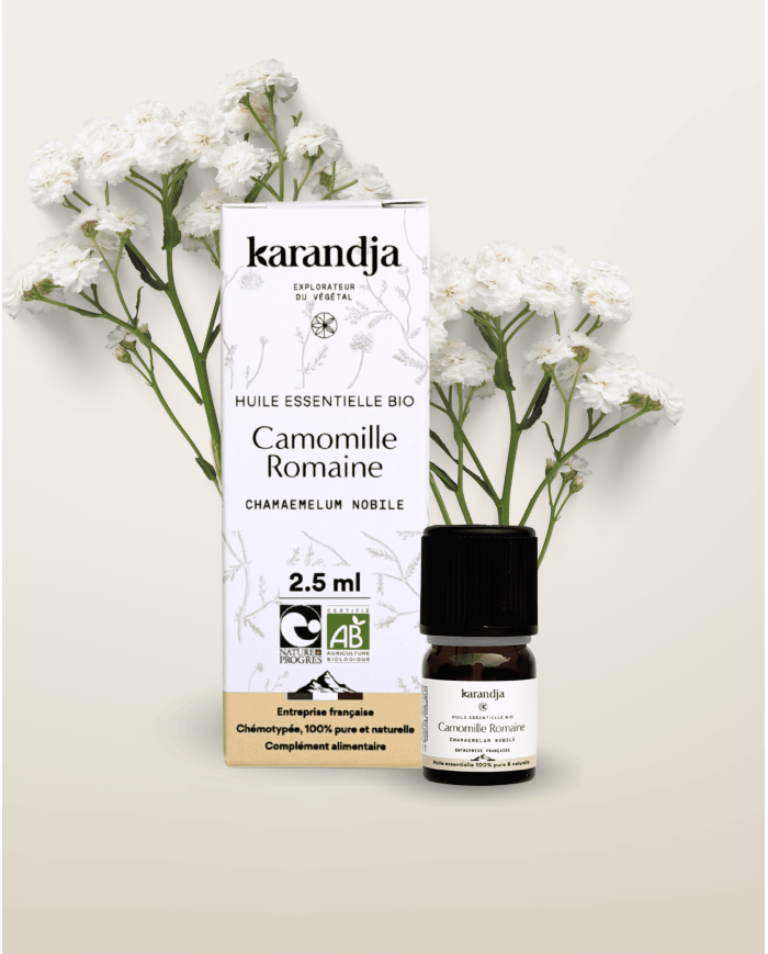 Huile essentielle CAMOMILLE ROMAINE Bio chémotypée, 100% pure et naturelle, Karandja laboratoire, origine France - Mayenne (53).