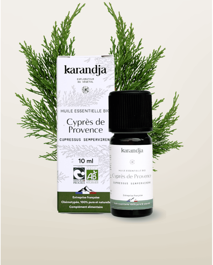 Huile essentielle CYPRES DE PROVENCE Bio chémotypée, 100% pure et naturelle, Karandja laboratoire, origine France.