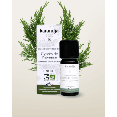 Huile essentielle CYPRES DE PROVENCE Bio chémotypée, 100% pure et naturelle, Karandja laboratoire, origine France.