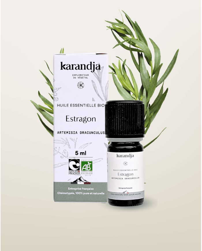 Huile essentielle ESTRAGON Bio chémotypée, 100% pure et naturelle, Karandja laboratoire, origine France - Bouches-du-Rhône.