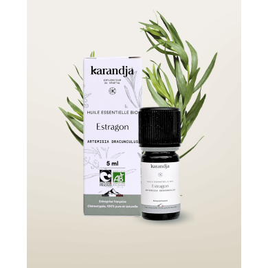 Huile essentielle ESTRAGON Bio chémotypée, 100% pure et naturelle, Karandja laboratoire, origine France - Bouches-du-Rhône.