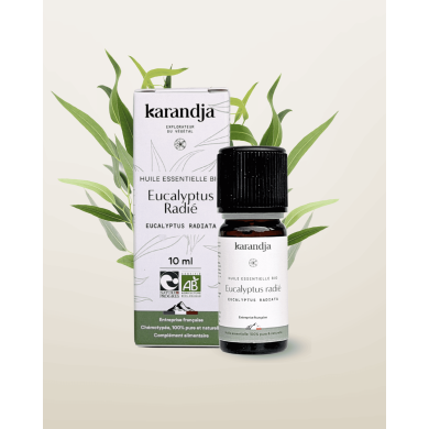 Huile essentielle EUCALYPTUS RADIE Bio chémotypée, 100% pure et naturelle, Karandja laboratoire.
