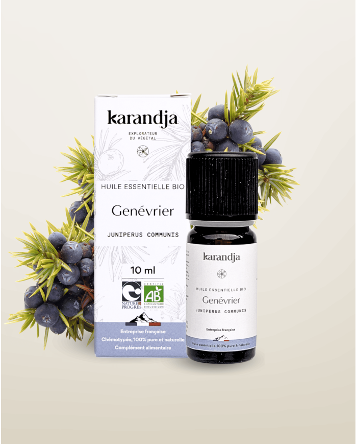 Huile essentielle GENEVRIER Bio chémotypée, 100% pure et naturelle, Karandja laboratoire, origine France - Hautes-Alpes (05).