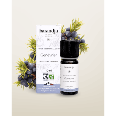 Huile essentielle GENEVRIER Bio chémotypée, 100% pure et naturelle, Karandja laboratoire, origine France - Hautes-Alpes (05).