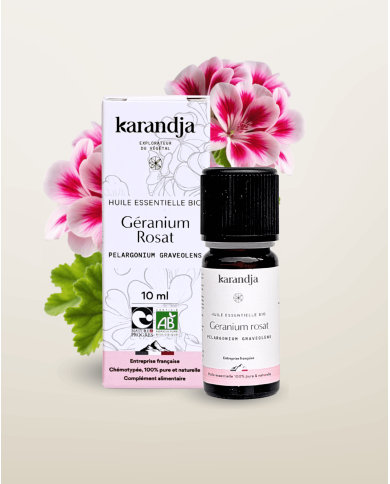 Huile essentielle GERANIUM ROSAT Bio chémotypée, 100% pure et naturelle, Karandja laboratoire.