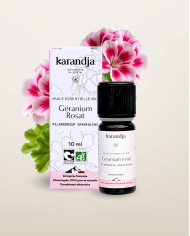 Huile essentielle GERANIUM ROSAT Bio chémotypée, 100% pure et naturelle, Karandja laboratoire.