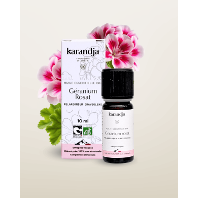 Huile essentielle GERANIUM ROSAT Bio chémotypée, 100% pure et naturelle, Karandja laboratoire.