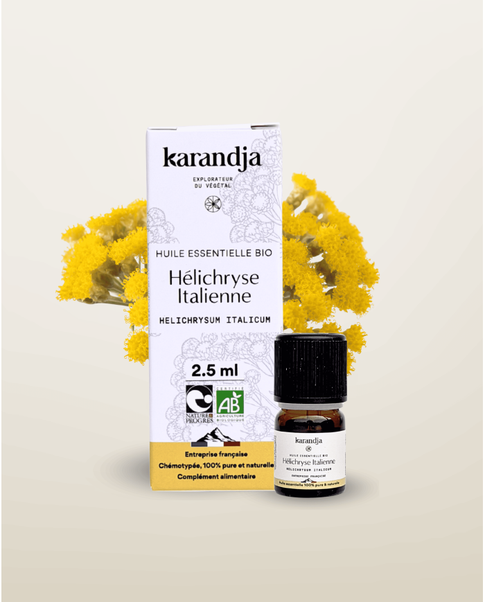 Huile essentielle HELICHRYSE ITALIENNE Bio chémotypée, 100% pure et naturelle, origine France, Karandja laboratoire.