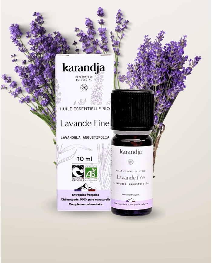 Huile essentielle LAVANDE FINE Bio chémotypée, 100% pure et naturelle, Karandja laboratoire, origine France - Hautes-Alpes (05).