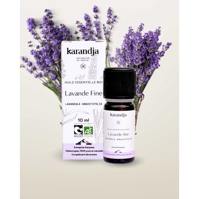 Huile essentielle LAVANDE FINE Bio chémotypée, 100% pure et naturelle, Karandja laboratoire, origine France - Hautes-Alpes (05).