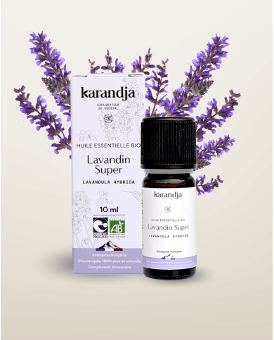 Huile essentielle LAVANDIN SUPER Bio chémotypée, 100% pure et naturelle, Karandja laboratoire, origine France filière locale.