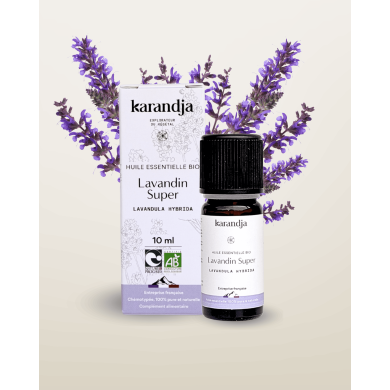 Huile essentielle LAVANDIN SUPER Bio chémotypée, 100% pure et naturelle, Karandja laboratoire, origine France filière locale.