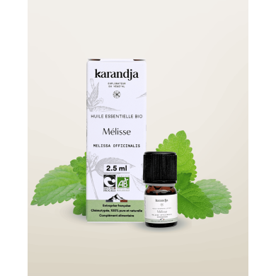 Huile essentielle MELISSE Bio chémotypée, 100% pure et naturelle, Karandja laboratoire, origine France - Hautes-Alpes (05).