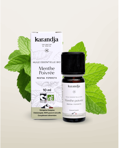 Huile essentielle MENTHE POIVREE Bio chémotypée, 100% pure et naturelle, Karandja laboratoire, origine France - Hautes-Alpes.
