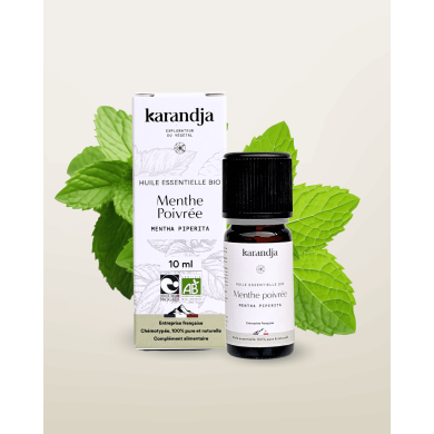 Huile essentielle MENTHE POIVREE Bio chémotypée, 100% pure et naturelle, Karandja laboratoire, origine France - Hautes-Alpes.