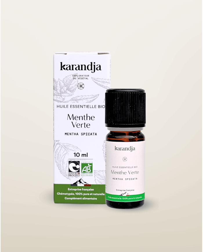 Huile essentielle MENTHE VERTE Bio chémotypée, 100% pure et naturelle, Karandja laboratoire, origine France, Hautes-Alpes.