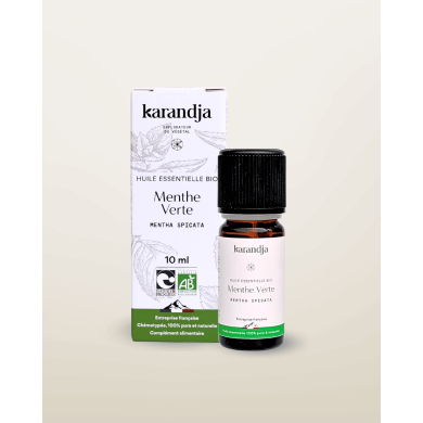 Huile essentielle MENTHE VERTE Bio chémotypée, 100% pure et naturelle, Karandja laboratoire, origine France, Hautes-Alpes.