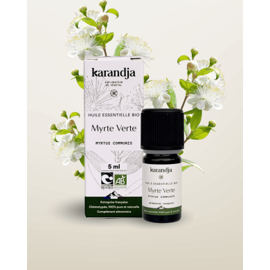 Huile essentielle MYRTE VERTE Bio chémotypée, 100% pure et naturelle, Karandja laboratoire.