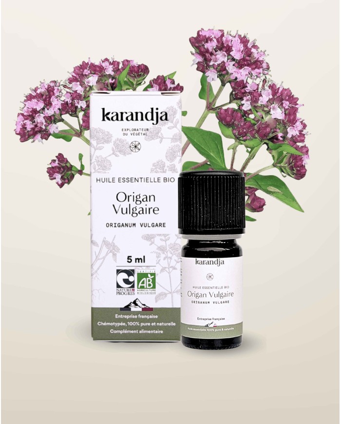 Huile essentielle ORIGAN VULGAIRE Bio chémotypée, 100% pure et naturelle, Karandja laboratoire, origine France, Hérault (34).