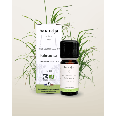 Huile essentielle PALMAROSA Bio chémotypée, 100% pure et naturelle, Karandja laboratoire.