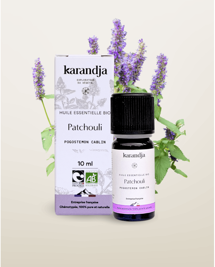 Huile essentielle PATCHOULI Bio chémotypée, 100% pure et naturelle, Karandja laboratoire.