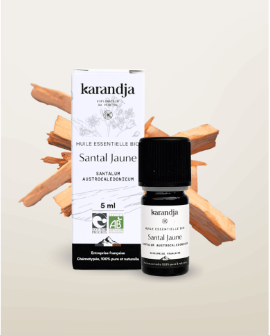 Huile essentielle SANTAL JAUNE Bio chémotypée, 100% pure et naturelle, Karandja laboratoire.