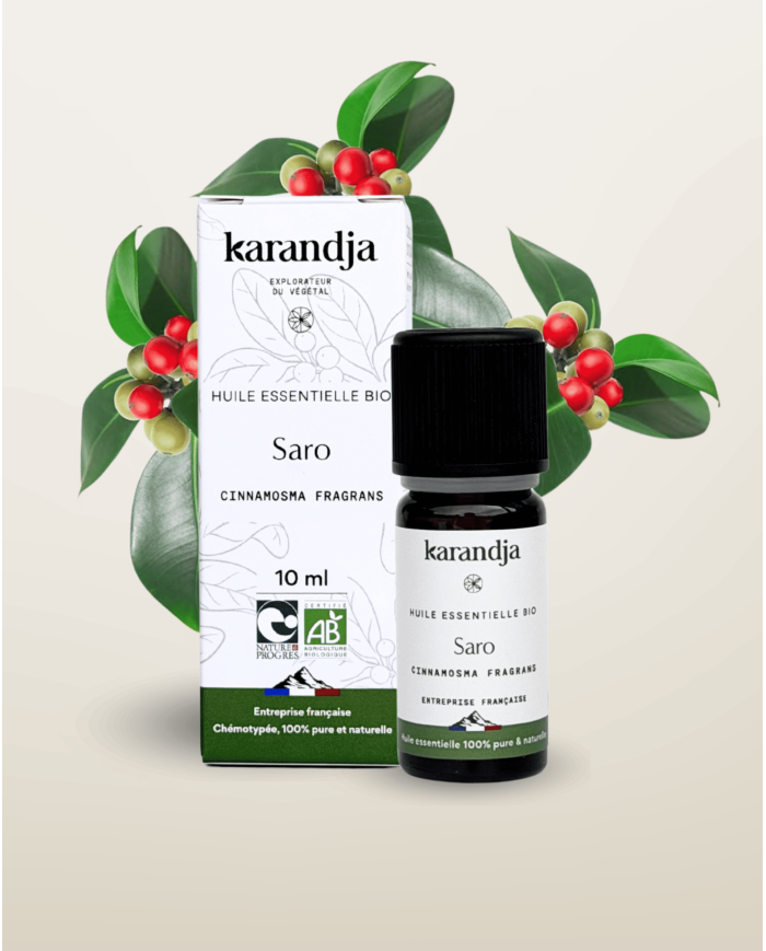 Huile essentielle SARO Bio chémotypée, 100% pure et naturelle, Karandja laboratoire.