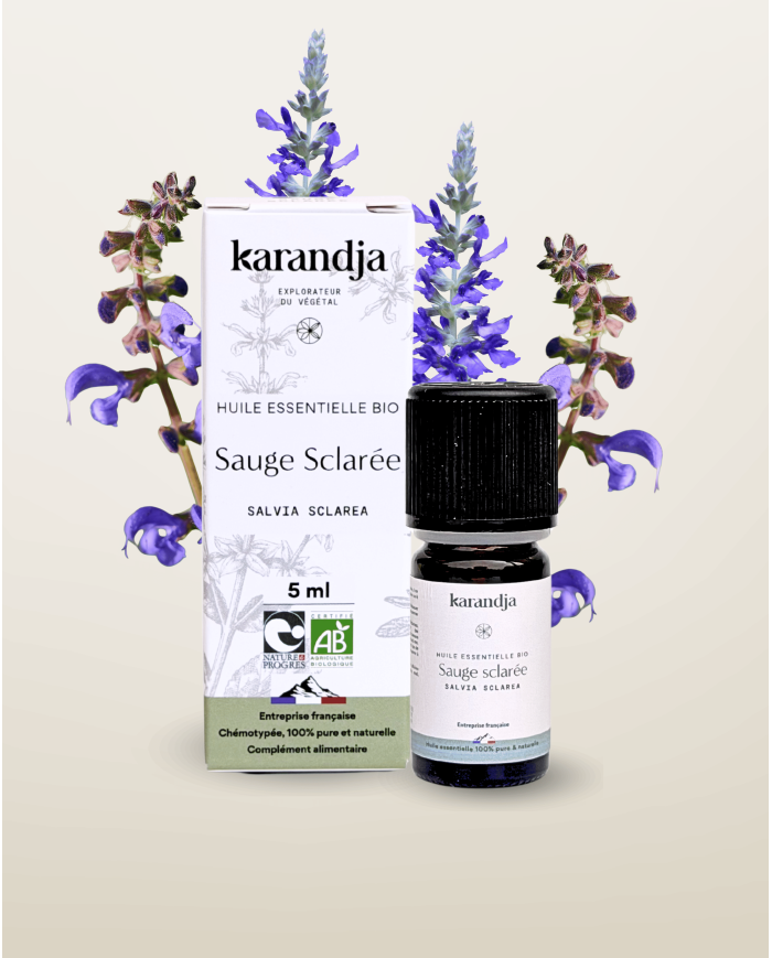 Huile essentielle SAUGE SCLAREE Bio chémotypée, 100% pure et naturelle, Karandja laboratoire, origine France - Vaucluse.