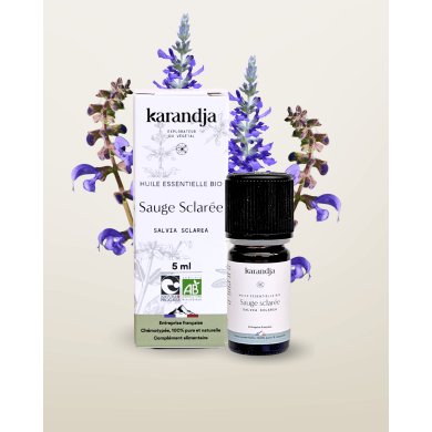 Huile essentielle SAUGE SCLAREE Bio chémotypée, 100% pure et naturelle, Karandja laboratoire, origine France - Vaucluse.