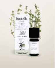 Huile essentielle THYM LINALOL Bio chémotypée, 100% pure et naturelle, Karandja laboratoire, origine France - Hautes-Alpes.