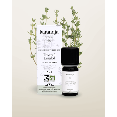 Huile essentielle THYM LINALOL Bio chémotypée, 100% pure et naturelle, Karandja laboratoire, origine France - Hautes-Alpes.