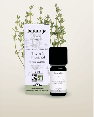 Huile essentielle THYM THUJANOL Bio chémotypée, 100% pure et naturelle, origine France (Hautes-Alpes), Karandja laboratoire.