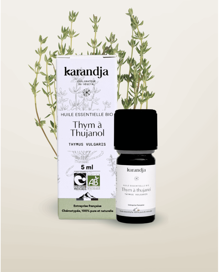 Huile essentielle THYM THUJANOL Bio chémotypée, 100% pure et naturelle, origine France (Hautes-Alpes), Karandja laboratoire.