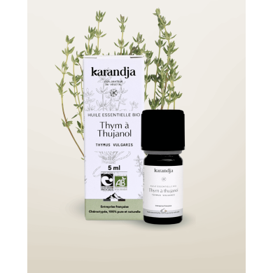 Huile essentielle THYM THUJANOL Bio chémotypée, 100% pure et naturelle, origine France (Hautes-Alpes), Karandja laboratoire.