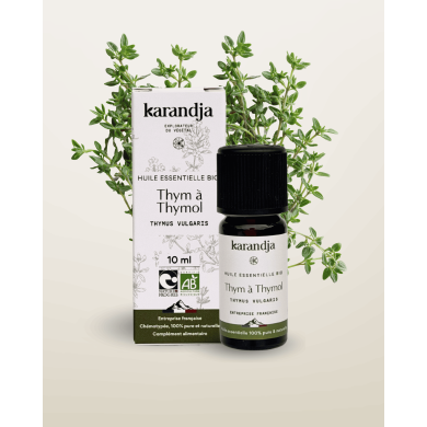 Huile essentielle THYM A THYMOL Bio chémotypée, 100% pure et naturelle, Karandja laboratoire.