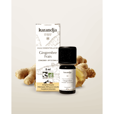 Huile essentielle GINGEMBRE FRAIS Bio chémotypée, 100% pure et naturelle, Karandja laboratoire.