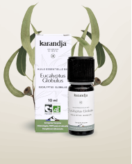Huile essentielle EUCALYPTUS GLOBULUS  Bio chémotypée, 100% pure et naturelle, Karandja laboratoire.