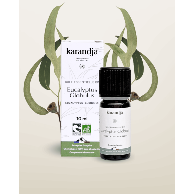 Huile essentielle EUCALYPTUS GLOBULUS  Bio chémotypée, 100% pure et naturelle, Karandja laboratoire.