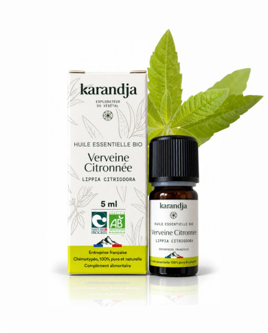Huile essentielle VERVEINE CITRONNÉE Bio chémotypée, 100% pure et naturelle, Karandja laboratoire.