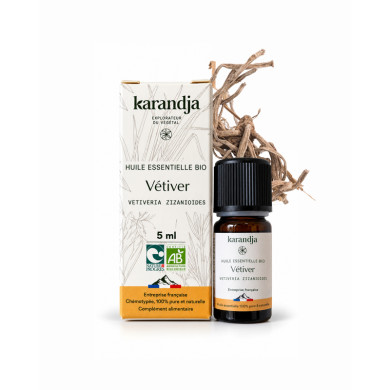 Huile essentielle VETIVER Bio chémotypée, 100% pure et naturelle, Karandja laboratoire.
