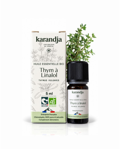 Huile essentielle THYM LINALOL Bio chémotypée, 100% pure et naturelle, Karandja laboratoire, origine France - Hautes-Alpes.