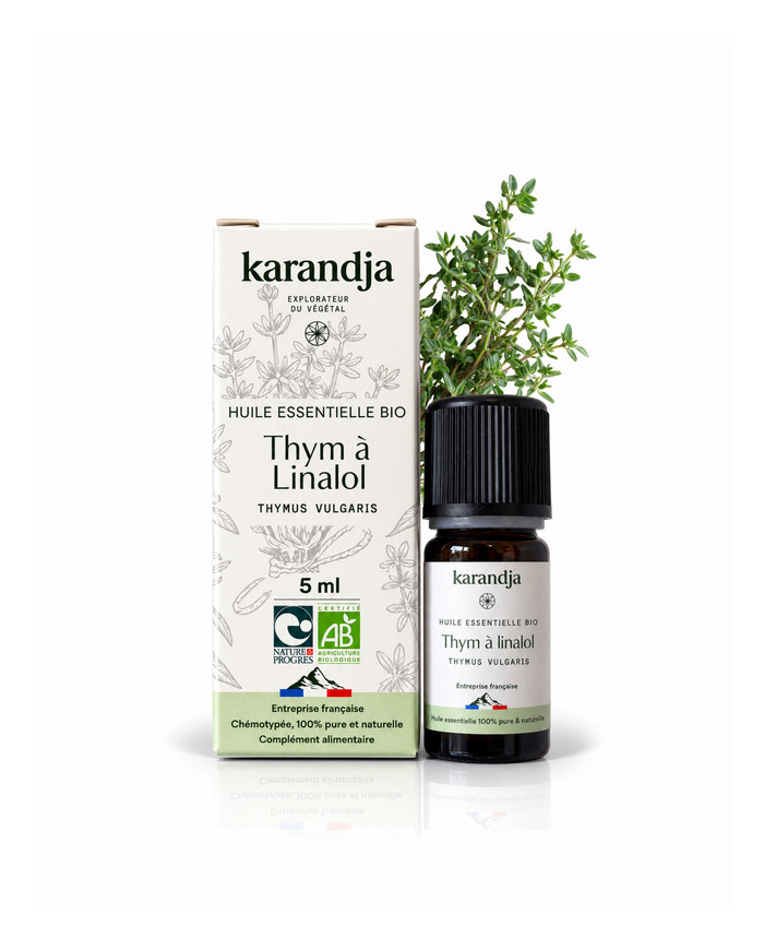Huile essentielle THYM LINALOL Bio chémotypée, 100% pure et naturelle, Karandja laboratoire, origine France - Hautes-Alpes.