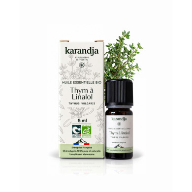 Huile essentielle THYM LINALOL Bio chémotypée, 100% pure et naturelle, Karandja laboratoire, origine France - Hautes-Alpes.