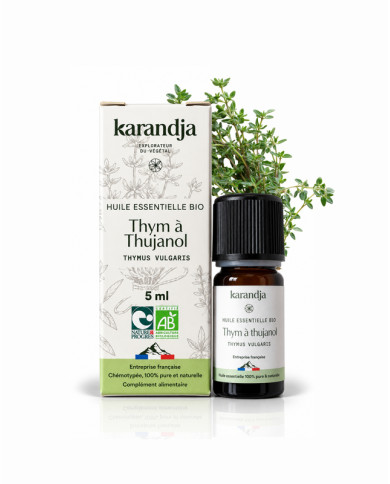 Huile essentielle THYM THUJANOL Bio chémotypée, 100% pure et naturelle, origine France (Hautes-Alpes), Karandja laboratoire.
