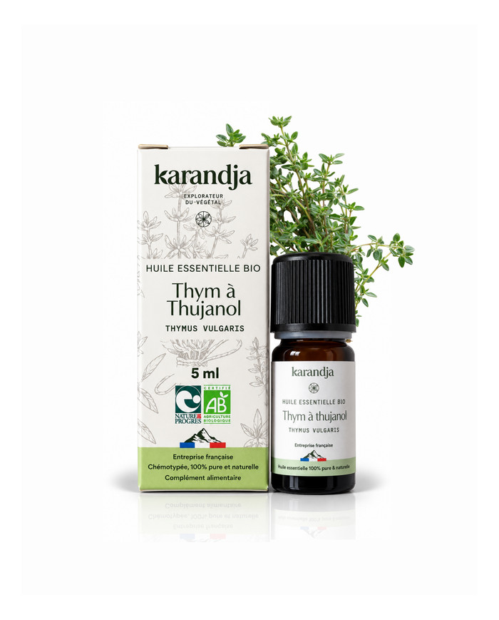 Huile essentielle THYM THUJANOL Bio chémotypée, 100% pure et naturelle, origine France (Hautes-Alpes), Karandja laboratoire.