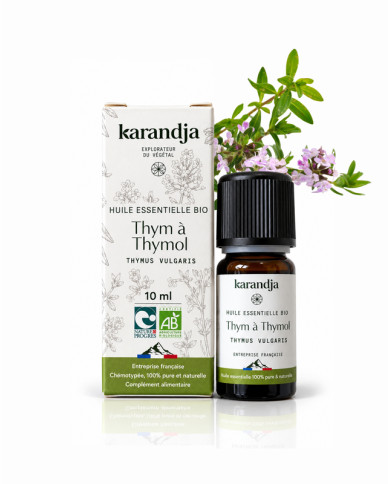 Huile essentielle THYM A THYMOL Bio chémotypée, 100% pure et naturelle, Karandja Laboratoire.