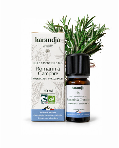 Huile essentielle ROMARIN A CAMPHRE Bio chémotypée, 100% pure et naturelle, Karandja laboratoire, origine France.