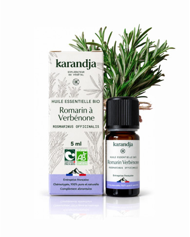 Huile essentielle ROMARIN A VERBENONE Bio chémotypée, 100% pure et naturelle, Karandja laboratoire, origine France.