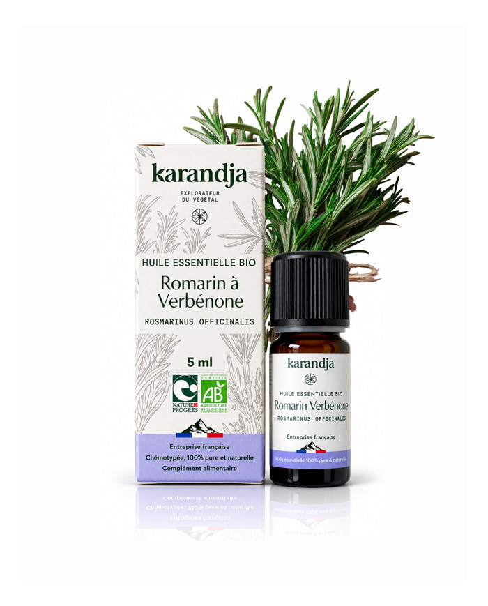 Huile essentielle ROMARIN A VERBENONE Bio chémotypée, 100% pure et naturelle, Karandja laboratoire, origine France.